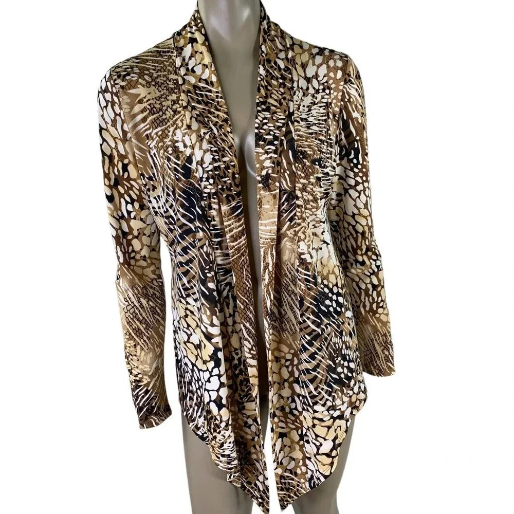 Andrea Behar Animal Print Open Cardigan Jersey Knit Blazer Women Size M Brown
